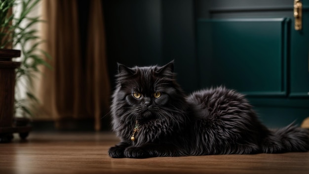 Beauty of a Black Persian Cat playing on a spotless floor with a solid color background showcase the