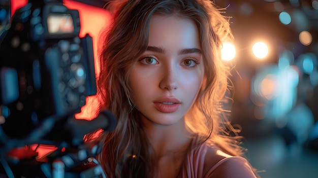 A beauty blogger films makeup lessons in a wellit room AI generate illustration