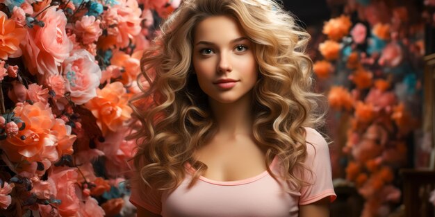 Beauty blonde woman blowing long wavy hair healthy skin natural makeup on flowers background