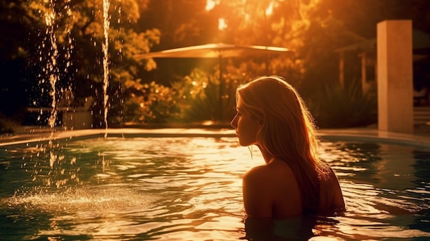 Foto bellezza e cura del corpo giovane donna sensuale che si rilassa nella luce solare mattutina della piscina termale all'aperto