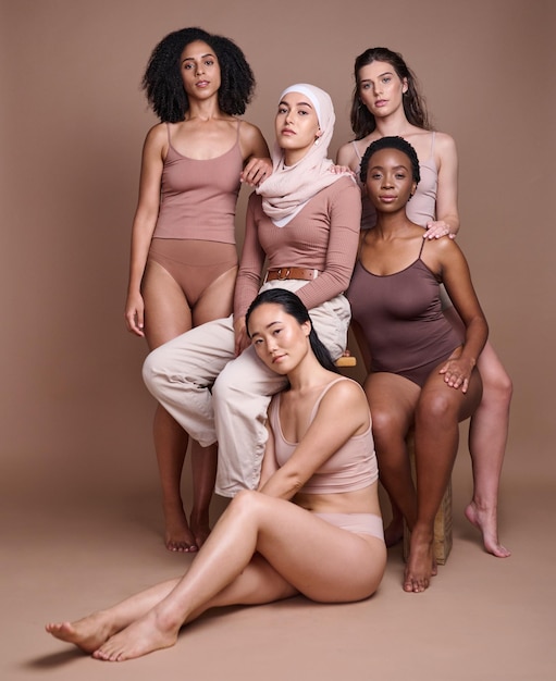 Beauty body and diversity with women in portrait skin and skincare with wellness and self care different and inclusion Pride empowerment and marketing with natural and cosmetics with glow