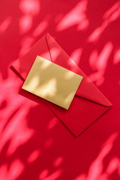 Beauty brand identity as flatlay mockup design business card and letter for online luxury branding on red shadow background