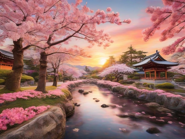 Beauty cherry blossom nature river scene