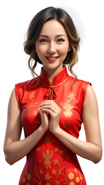 Фото Красота китайская женщина в красном cheongsam улыбается на белом фоне с ai генерируется