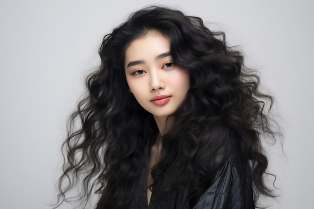 Beauty chinese young woman with 80s style hair on soft white background