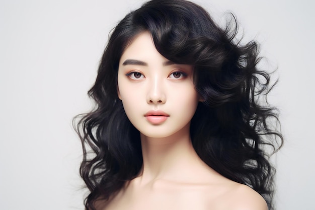 Beauty Chinese young woman with 80s style hair on soft white background