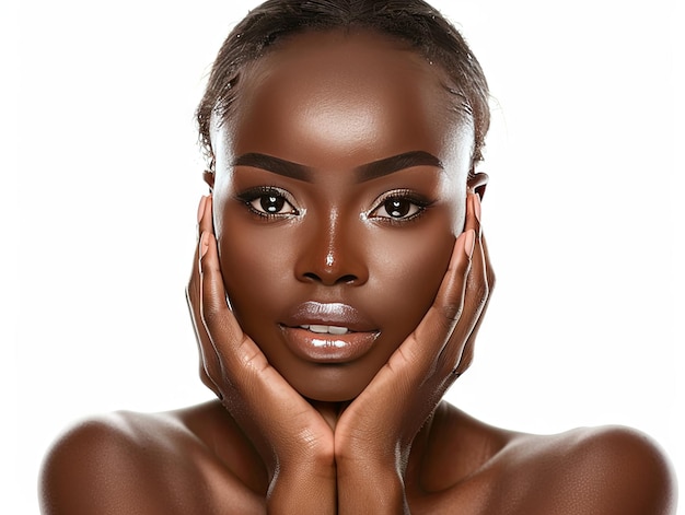 Beauty Clinic skincare beautiful African woman posing with hands on her face