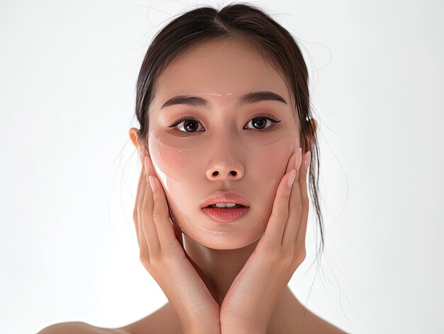 Beauty Clinic skincare beautiful Asian woman posing with hands on her face