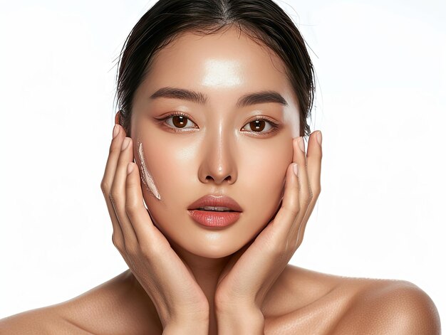 미용 클리닉 피부 관리 아름다운 아시아 여성이 얼굴에 손을 고 포즈를 취하고 있습니다.
