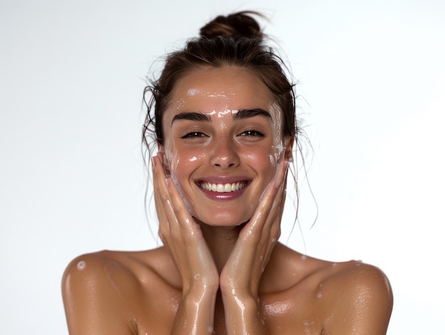 Beauty Clinic skincare beautiful female model posing facewash