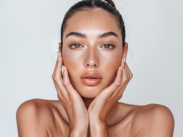 Beauty Clinic skincare beautiful white woman posing with hands on her face