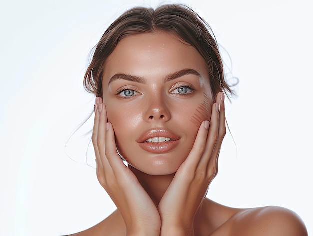 Beauty Clinic skincare beautiful white woman posing with hands on her face