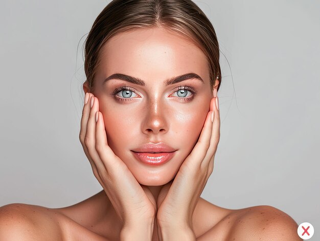 Beauty Clinic skincare beautiful white woman posing with hands on her face