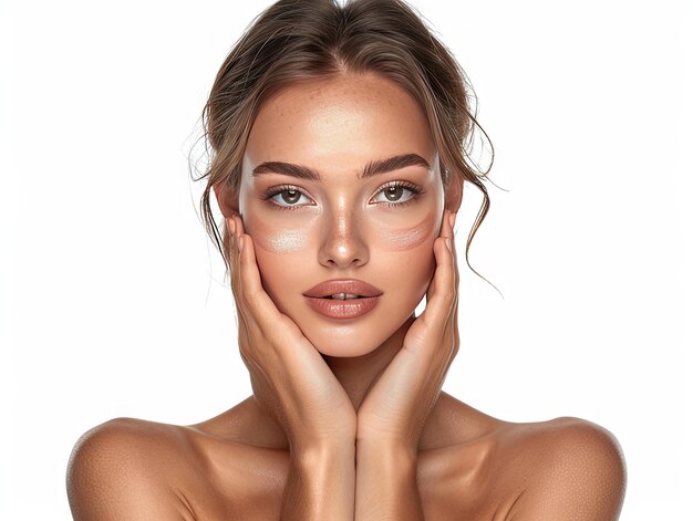 Beauty Clinic skincare beautiful white woman posing with hands on her face