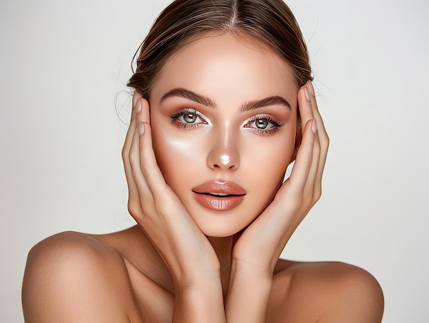 Beauty Clinic skincare beautiful white woman posing with hands on her face