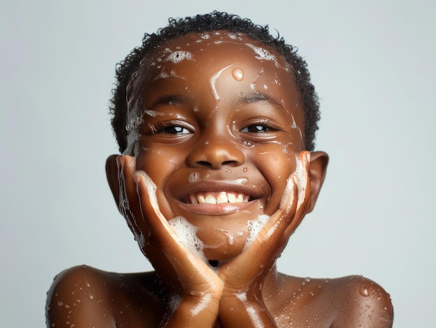 Клиника красоты, уход за кожей, милый африканский мальчик, позирующий для мытья лица.