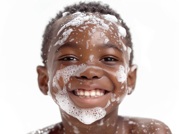 Beauty Clinic skincare cute African little boy posing facewash