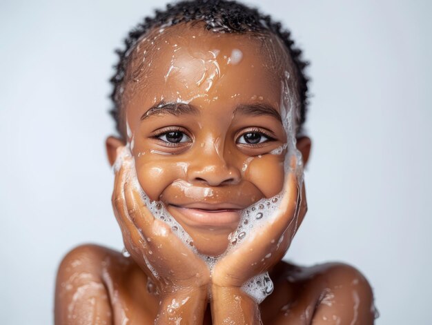 Beauty Clinic skincare cute African little boy posing facewash