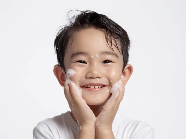 Beauty Clinic skincare cute Asian little boy posing facewash