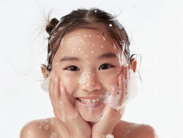 Beauty Clinic skincare cute Asian little girl posing facewash