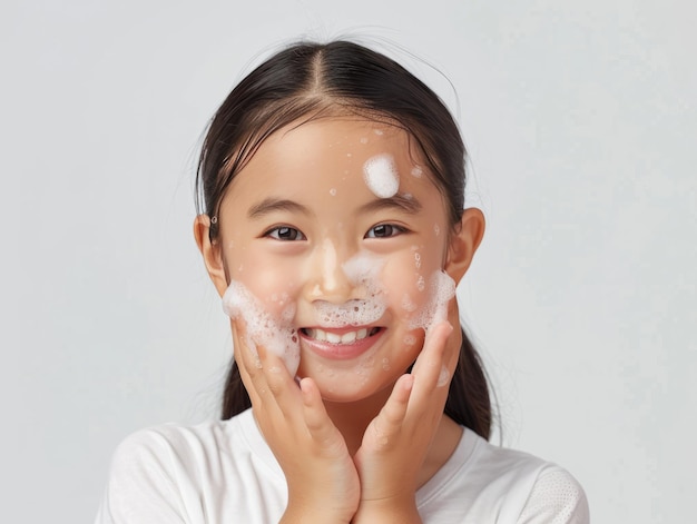 Beauty Clinic skincare cute Asian little girl posing facewash