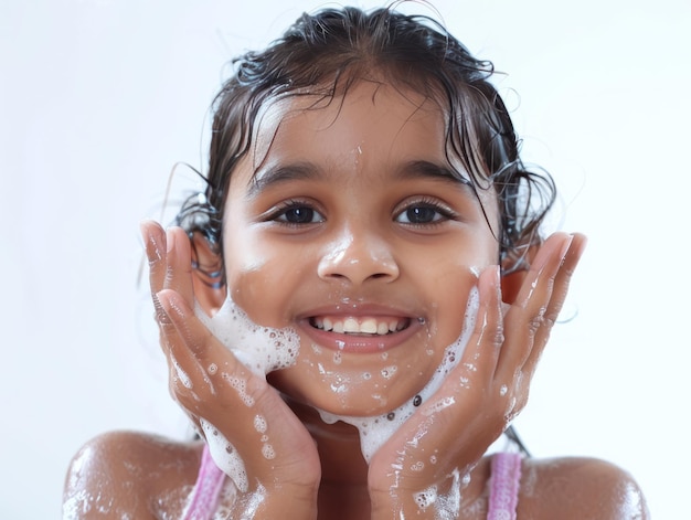Beauty Clinic skincare cute Indian little girl posing facewash