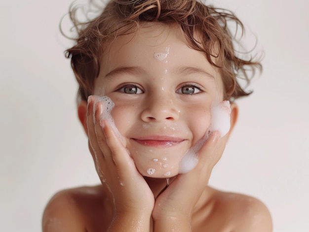 Beauty Clinic skincare cute white little boy posing facewash