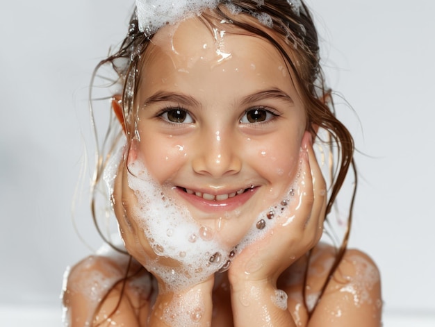 Beauty Clinic skincare cute white little girl posing facewash