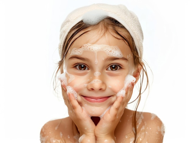 Beauty Clinic skincare cute white little girl posing facewash