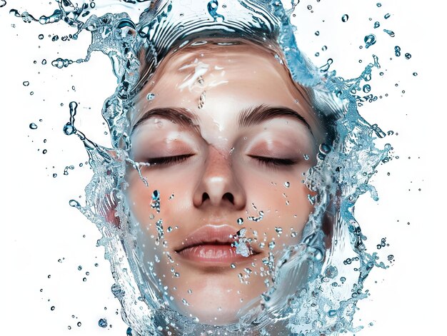 Foto clinica di bellezza donna viso spruzzato con l'acqua