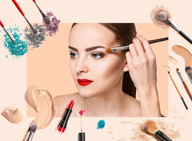 beauty collage. face of woman. fashion photo with makeup set. female applying perfume