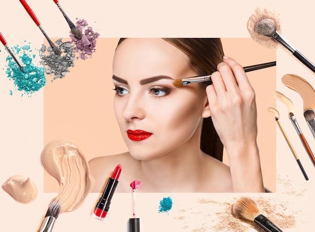 Beauty collage. Face of woman. Fashion photo with makeup set. Female applying perfume