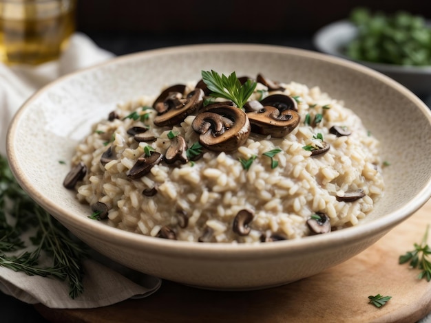 Foto della bellezza di una tazza confortante di risotto ai funghi cremoso con riso arborio perfettamente cotto