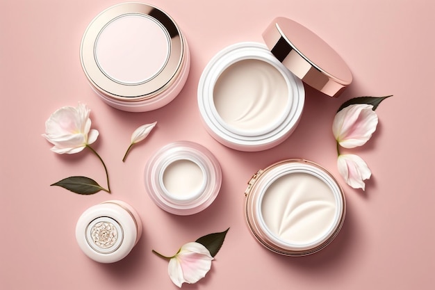 Beauty cream and flower flat lay on pink background illustration Generative AI