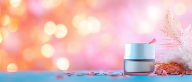 Photo a beauty cream jar surrounded by petals on a colorful background