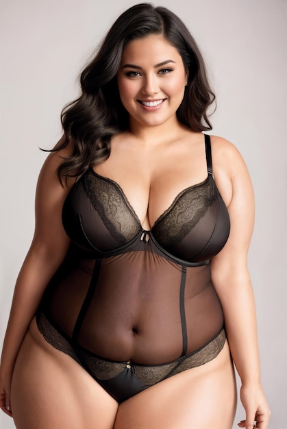 Beauty curve plus size fat woman in a black underwear lingerie in studio shotLong dark hairDigital creative designer fashion art