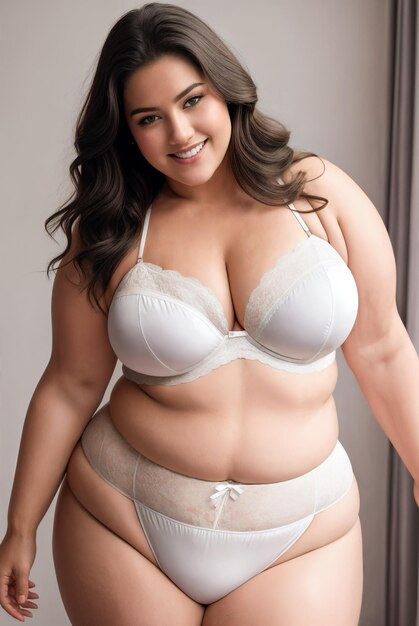 Beauty curve plus size fat woman in a white underwear lingerie in studio shotLong dark hairDigital creative designer fashion art