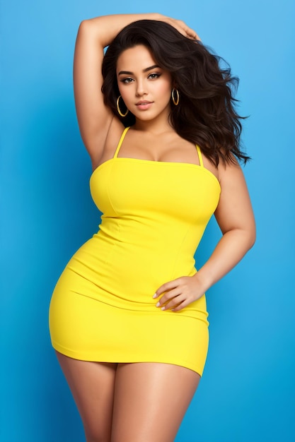 Beauty curve plus size fat woman in a yellow mini dress on a blue backgroundLong dark hairDigital creative designer fashion art