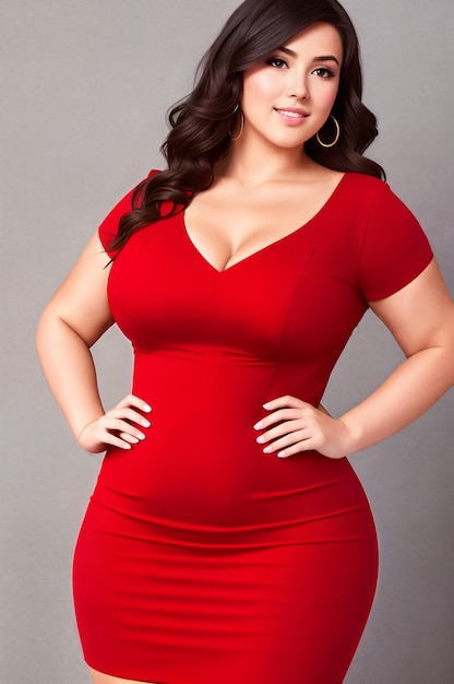 Beauty curve plus size woman in a red mini dress on a gray backgroundDigital creative designer artAI illustration