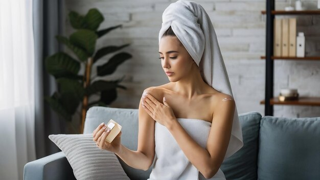 Beauty day for yourself long haired woman wearing towel doing her daily skincare routine at home