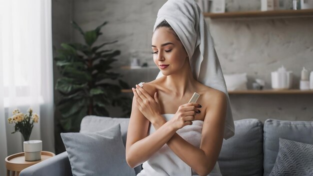 Photo beauty day for yourself long haired woman wearing towel doing her daily skincare routine at home