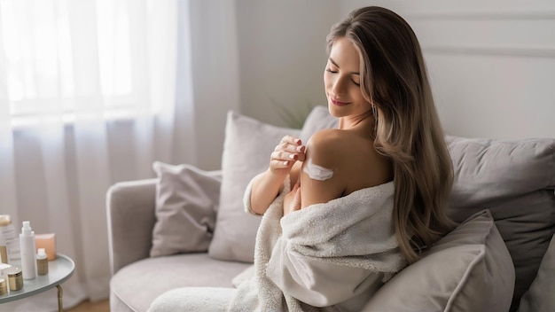 Beauty day for yourself long haired woman wearing towel doing her daily skincare routine at home