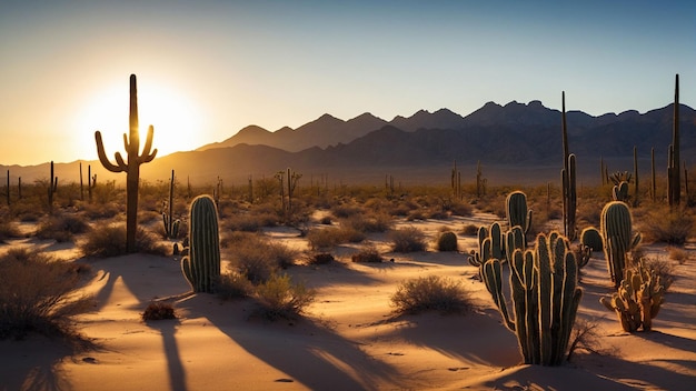 beauty of the desert as the sun dips below the horizon casting long shadows of cacti on the sandy gr