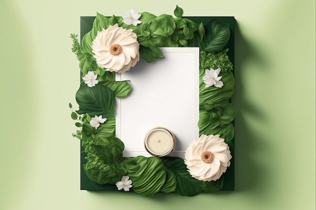 꽃과 잎으로 만든 아름다움 디자인 레이아웃 창조적인 레이아웃과 종이 카드 노트 플랫 레이 자연