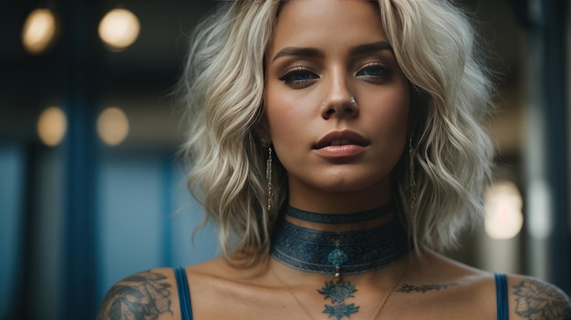 Photo beauty in detail blue choker and intricate tattoos on woman's neck