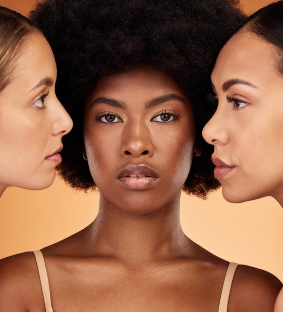 Beauty diversity and skincare with model woman friends in studio on a pastel color wall background for empowerment Skin health and face with a proud female group posing for inclusion or wellness