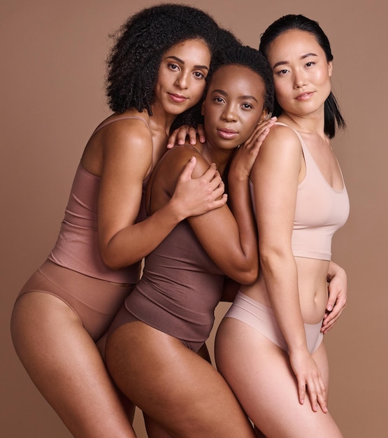 Photo beauty diversity and skincare with portrait of women for self care body positive and cosmetics wellness products and natural with model for community facial and luxury in brown background studio