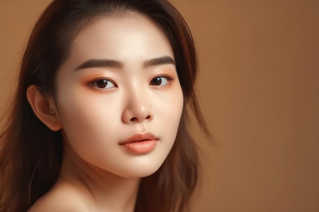 자연스러운 메이크업과 건강한 피부 초상화를 가진 미인 얼굴 아름다운 아시아 소녀 모델은 베이지색 배경 근접 피부 관리 개념에 신선한 빛나는 수화 얼굴 피부를 만지고 있습니다.