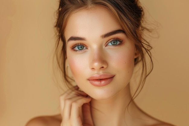 Beauty face of young woman with natural makeup on beige