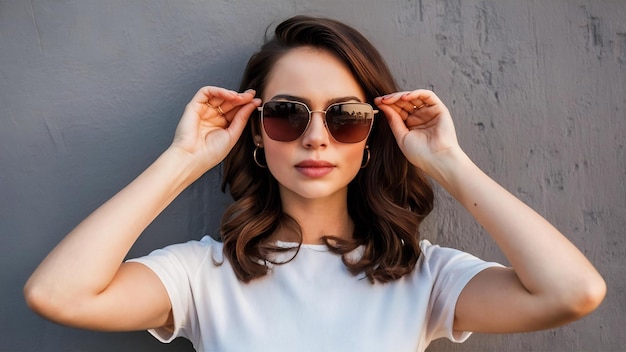 Beauty fashion brunette model girl wearing sunglasses on gray wall